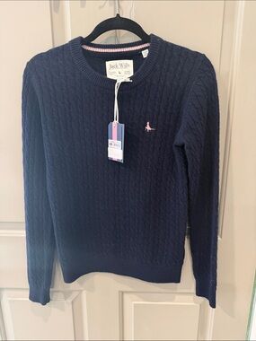 Jack Wills Navy Cable-Knit Sweater with Pink Logo Accent